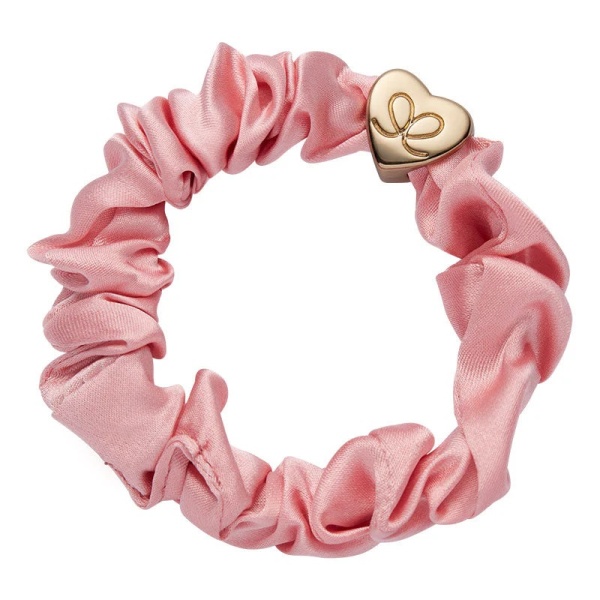 By Eloise London Gold Heart Silk Scrunchie - Rose Tan